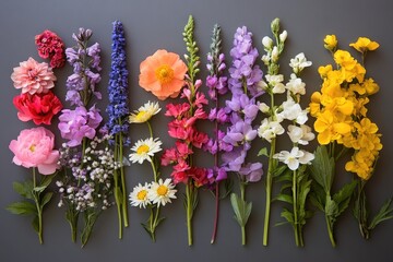 Fototapeta premium Colorful flower stems arranged on gray background creating gradient