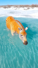 Fototapeta premium Aerial view of a zebra walking across and deep into a series of thin black lines, great optical illusion art