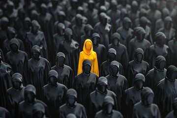Obraz premium The yellow figure stands out from crowd concept