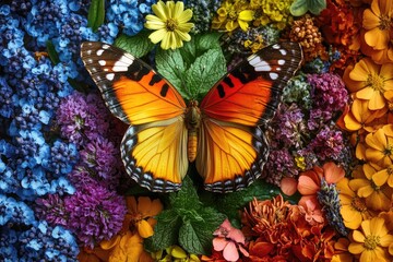 Colorful butterfly resting on vibrant rainbow flowers and mint leaves