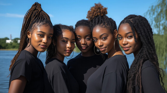 group of five or more africian american woman young in age , wearing black teshirts, demin jeans, hair braided, hoop earrings, background sunny day in park by the water