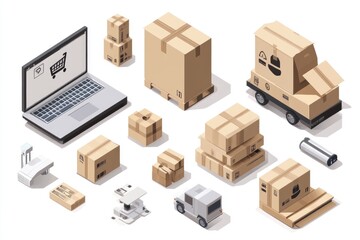 Logistic company delivering cardboard boxes using laptop, truck and trolley