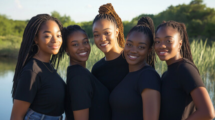 group of five or more africian american woman young in age , wearing black teshirts, demin jeans, hair braided, hoop earrings, background sunny day in park by the water