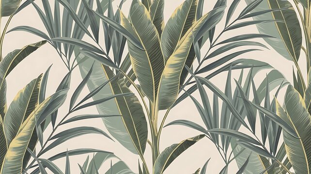 Seamless tropical pattern with palm leaves for fabric design and other uses.
