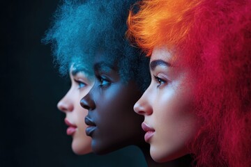 Three female models showing colorful hairstyles in profile view
