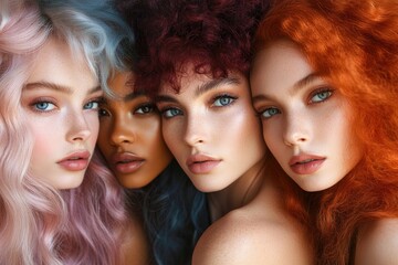Obraz premium Three fashion models showing colorful dyed hairstyles