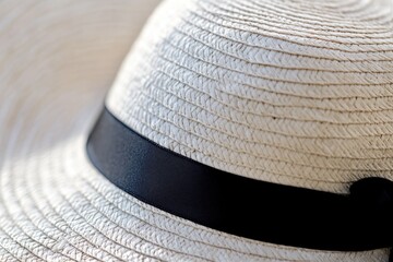 Detail of a white summer straw hat with black ribbon band