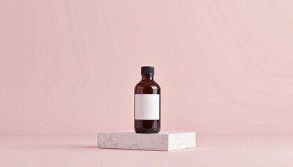 Naklejka premium Packaging mockup for skincare product. Isolated brown bottle on marble block with pink background