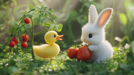A cute yellow duck and white rabbit in a garden with tomatoes.