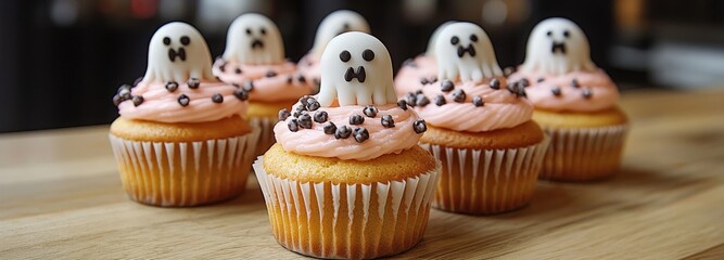 Spooky cupcakes with ghost decorations at a Halloween party celebration