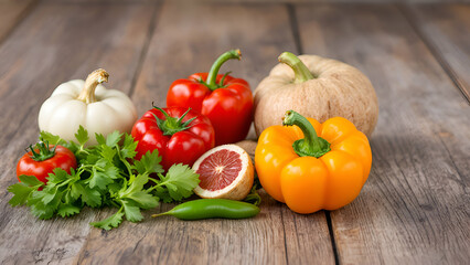 A white, orange, yellow, and red bell pepper, a white pumpkin, a red tomato, a green chili pepper, a grapefruit, and parsley leaves arranged on a rustic wooden table.