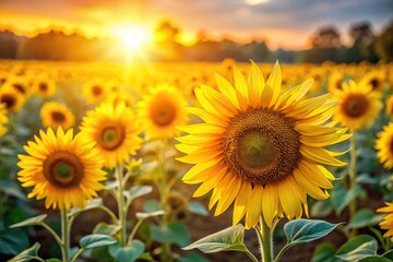 A field of vibrant yellow sunflowers standing tall in the warm sunlight., botanical, sunny, happy, cheerful, natural