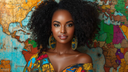 a short haired woman in style of adventurecore wearing a a tight dress with a printed world map, with a travel inspired digital collage background