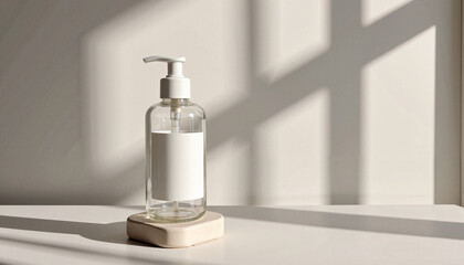 Obraz premium Packaging mockup for skincare product. Isolated clear pump bottle on beige platform