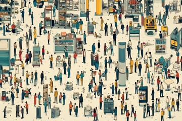 Fototapeta premium Crowd of people walking and interacting in a busy marketplace or convention center