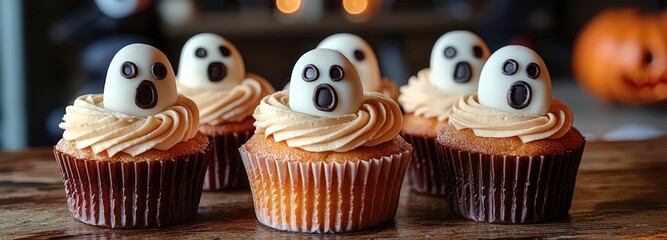 Spooky Halloween cupcakes with ghostly decorations ready for a festive celebration