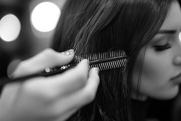 Obraz premium Hairdresser combing woman's hair in salon with blurred background