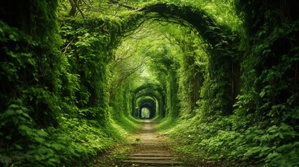 A tunnel of intertwining green plants. A walkway for lovers with natural light pouring in