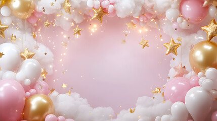 A pink and gold balloon and star background with clouds and confetti.