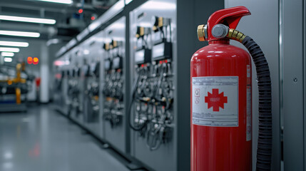 Fire extinguisher positioned in a modern industrial facility with equipment in background