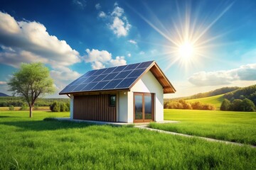 Obraz premium Minimalist House with Solar Panel in Lush Green Field, Sustainable Living, Eco-Friendly Home, Nature, Clean Energy, Modern Architecture, Green Landscape, Tranquil Environment