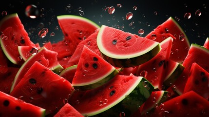 Lots of watermelon slices and water drops
