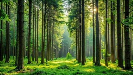 A lush forest with tall trees standing in front of a serene green background, leafy greens, woodsy atmosphere, foliage, verdant woods