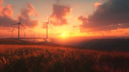 Solar Panels and Wind Turbines Under Sunset Background
