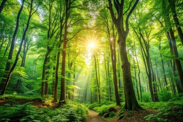 Naklejka premium A lush forest with towering trees and vibrant foliage that represent the cycle of life and renewal, branches, serenity, balance, growth