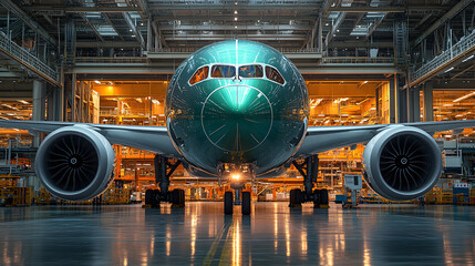 A wide-body passenger airplane in a hangar, facing the camera, with its nose and front landing gear visible.