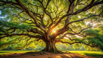 Fototapeta premium A majestic tree with gnarled branches and twisted trunk, surrounded by lush green foliage, set against a warm sunny sky with soft focus effect., organic, foliage, mystical, ancient, roots