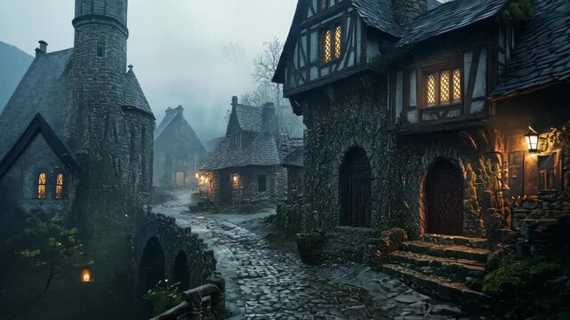 A misty, cobblestone street winds through a medieval village at night