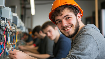 Young electrician students are smiling as they engage in practical work, embodying the concept of vocational training.