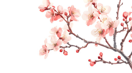 Delicate pink cherry blossom branch isolated on white background.