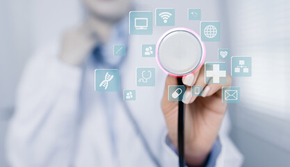 Female doctor holding stethoscope on white background, Medical technology and healthcare concept.