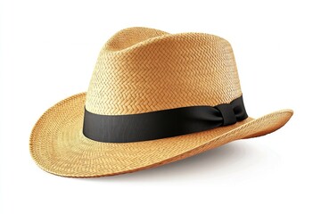 Straw fedora hat with black ribbon on white background.