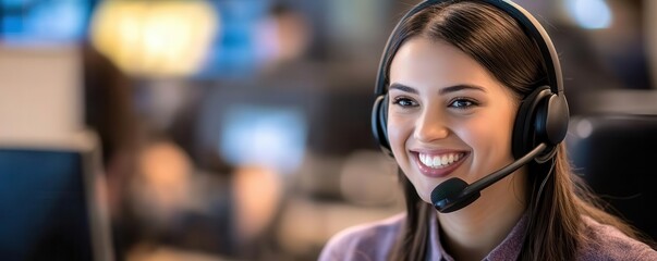 Young call center agent smiling, headset with microphone, friendly service attitude