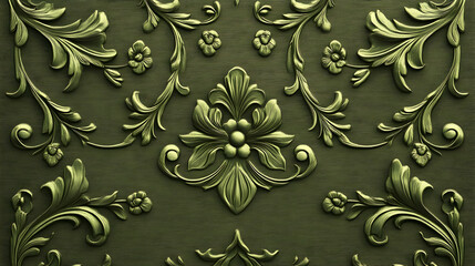 Intricate gold floral design on a green background.