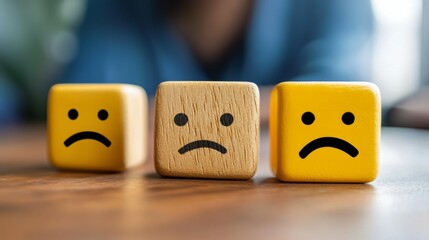 Three wooden cubes with sad faces on them