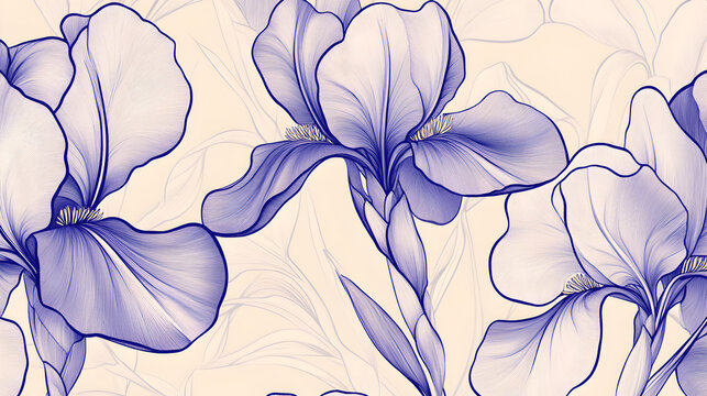 Seamless pattern with delicate blue iris flowers on a light beige background.