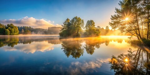 A serene lake at dawn with mist rising from the water's surface and sunlight peeking through the trees, misty morning, reflection, peaceful, forest, nature