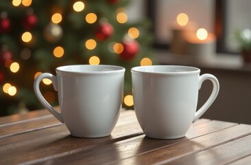 Obraz premium Two white mugs on the table against the background of festive Christmas decorations. Mockup for your business. Empty space for text. The atmosphere of New Year and Christmas. High quality photo