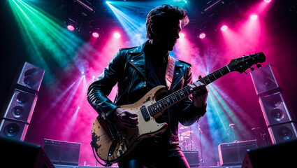 Rock Guitarist Performing on Stage with Colorful Lighting