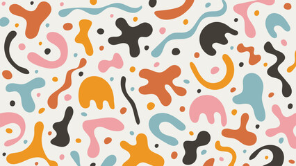Fun abstract background of colorful hand drawn shapes and blobs. Pop art pattern with doodle and with matisse style shapes