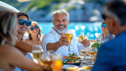 A middle-aged man holds up a glass of white wine in a toast, seated at a table laden with gourmet food on a private yacht with friends.