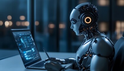 Humanoid Robot Working on Laptop Computer