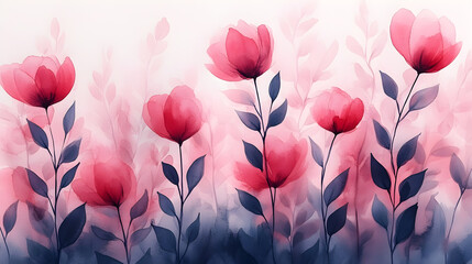 Watercolor painting of a field of delicate pink flowers with soft blue-grey foliage.