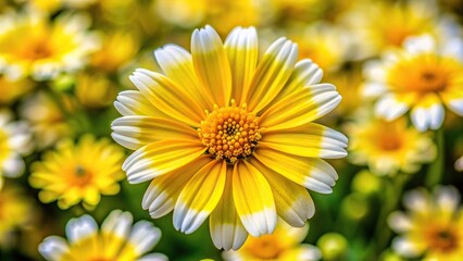 Obraz premium A close-up of a bright yellow sprint flower with delicate white stripes and a cluster of small, tiny flowers at its center, bloom, spring, botanical