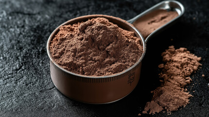 Close-up of a metal measuring cup filled with cocoa powder on a dark textured surface, with some powder spilled outside the cup.
