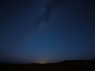 A stunning astro night in the desert, with a clear starry sky above, celestial, solitude, wilderness